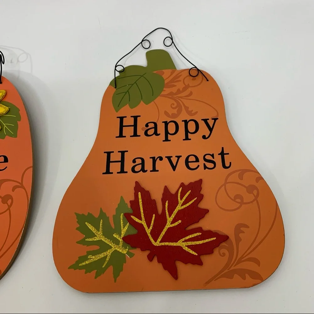 2 Piece Set Wooden Fall Pumpkin Wall Hang Decor Signs W/ Surprise Gift Not Shown